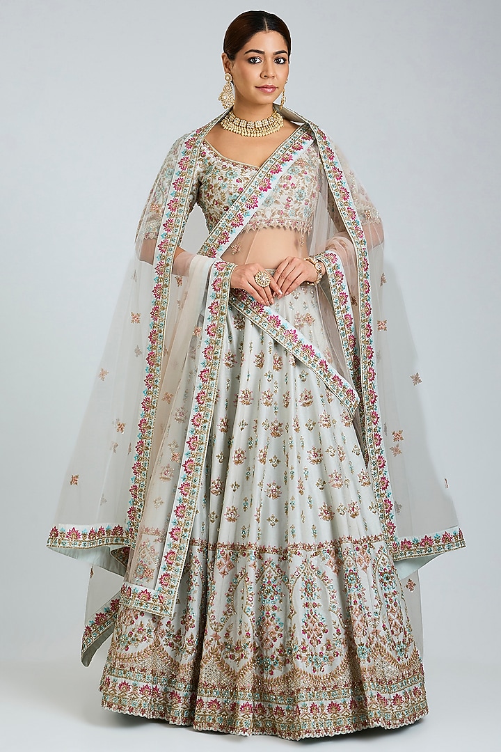 Ice Blue Raw Silk Embroidered Wedding Lehenga Set by Angad Singh at Pernia's Pop Up Shop