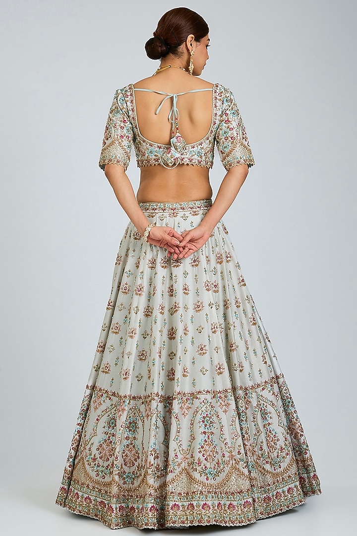 Ice Blue Raw Silk Embroidered Wedding Lehenga Set by Angad Singh at Pernia's Pop Up Shop