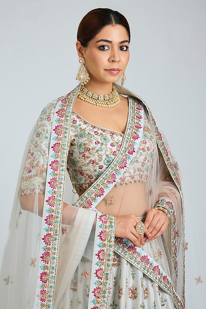 Ice Blue Raw Silk Embroidered Wedding Lehenga Set by Angad Singh at Pernia's Pop Up Shop