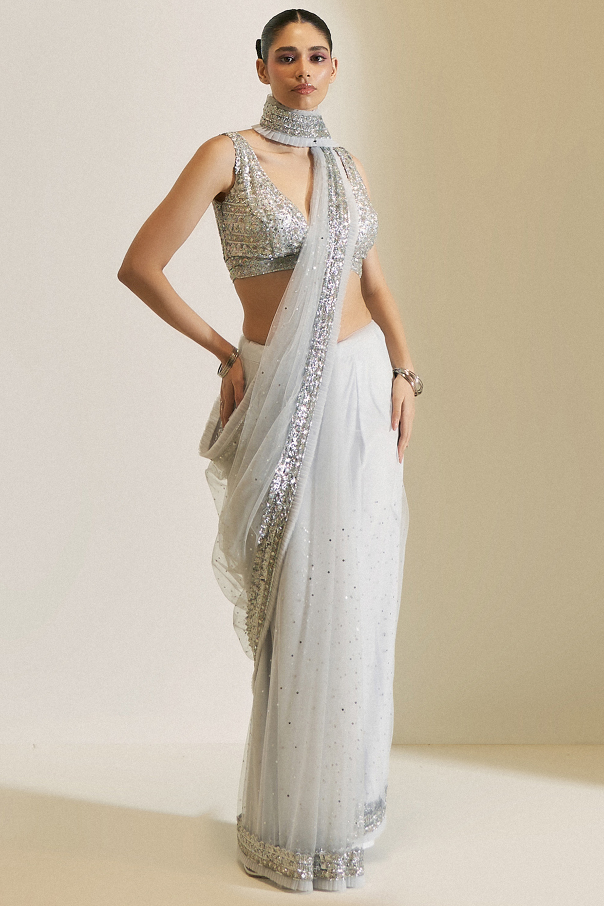 Ice Grey Net Sequins Hand Embroidered Wedding Saree Set by Angad Singh at Pernia's Pop Up Shop