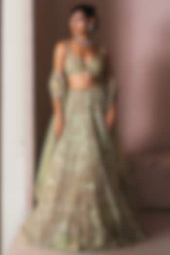 Olive Green Satin Organza Zardosi Hand Embroidered Bridal Lehenga Set by Angad Singh at Pernia's Pop Up Shop