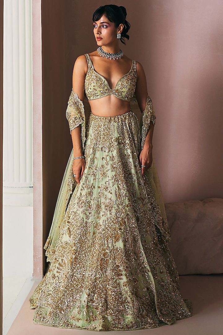 Olive Green Satin Organza Zardosi Hand Embroidered Bridal Lehenga Set by Angad Singh at Pernia's Pop Up Shop