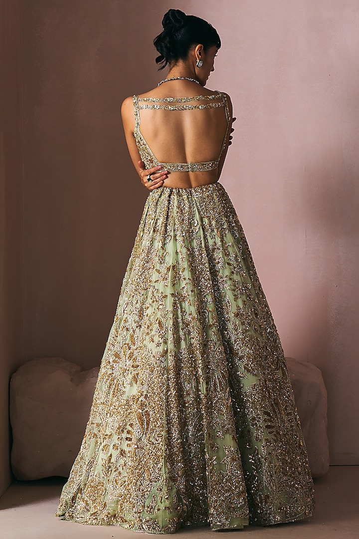 Olive Green Satin Organza Zardosi Hand Embroidered Bridal Lehenga Set by Angad Singh at Pernia's Pop Up Shop