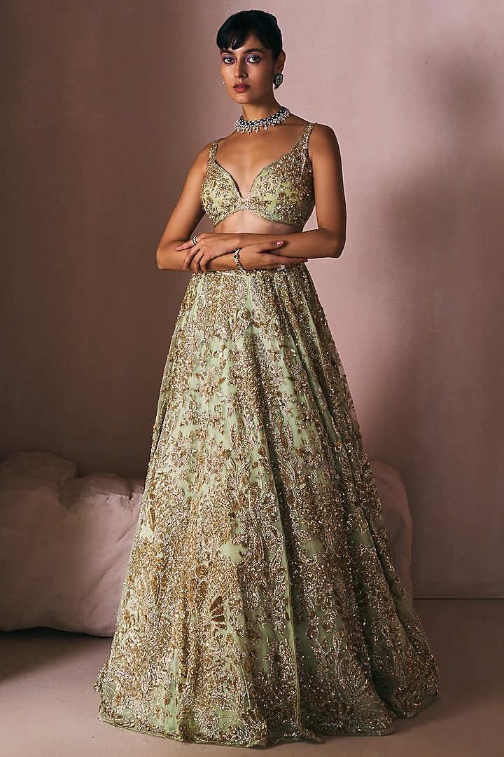 Olive Green Satin Organza Zardosi Hand Embroidered Bridal Lehenga Set by Angad Singh at Pernia's Pop Up Shop