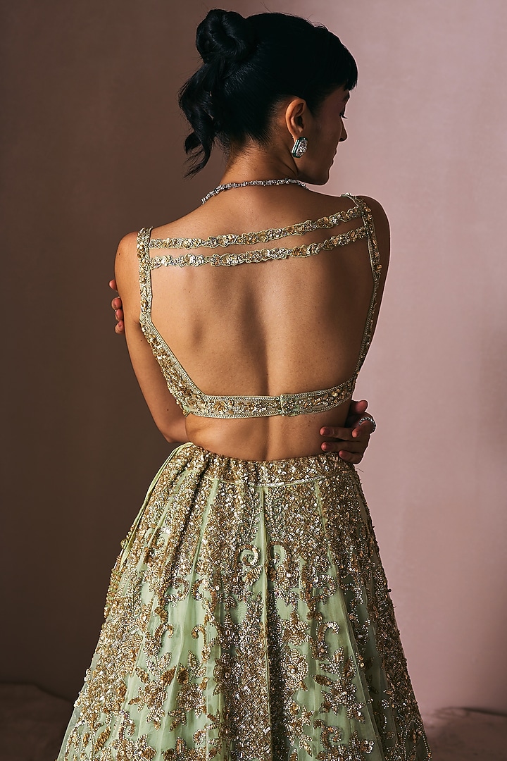 Olive Green Satin Organza Zardosi Hand Embroidered Bridal Lehenga Set by Angad Singh at Pernia's Pop Up Shop
