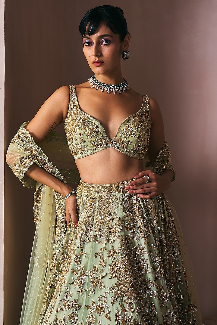 Olive Green Satin Organza Zardosi Hand Embroidered Bridal Lehenga Set by Angad Singh at Pernia's Pop Up Shop