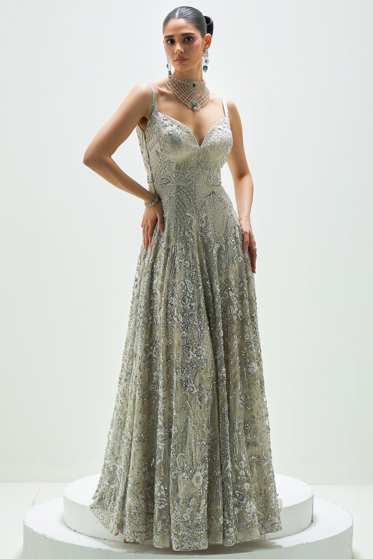 Ivory Net Sequins & Cutdana Embroidered Frosted Grace Wedding Gown by Angad Singh at Pernia's Pop Up Shop