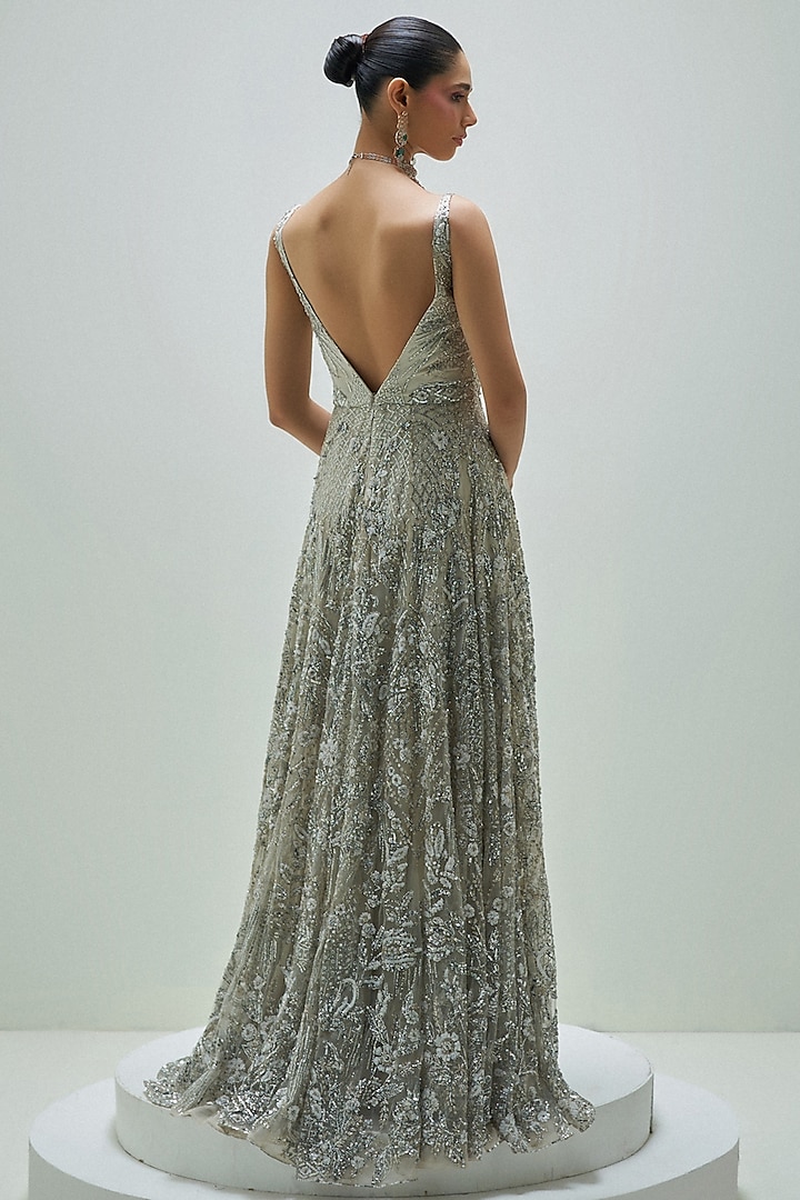Ivory Net Sequins & Cutdana Embroidered Frosted Grace Wedding Gown by Angad Singh at Pernia's Pop Up Shop