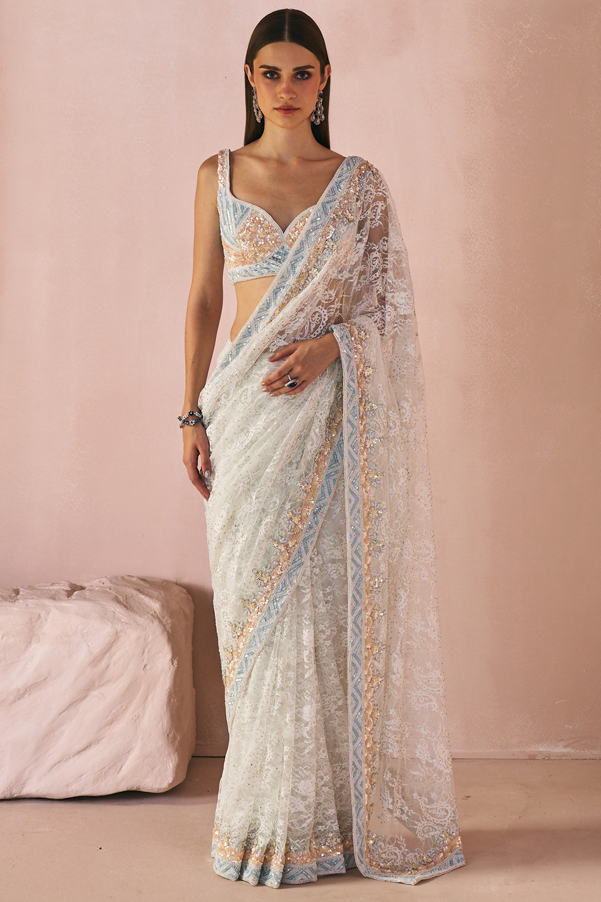 Ivory Chantilly Lace Sequins Embroidered Wedding Saree Set by Angad Singh at Pernia's Pop Up Shop