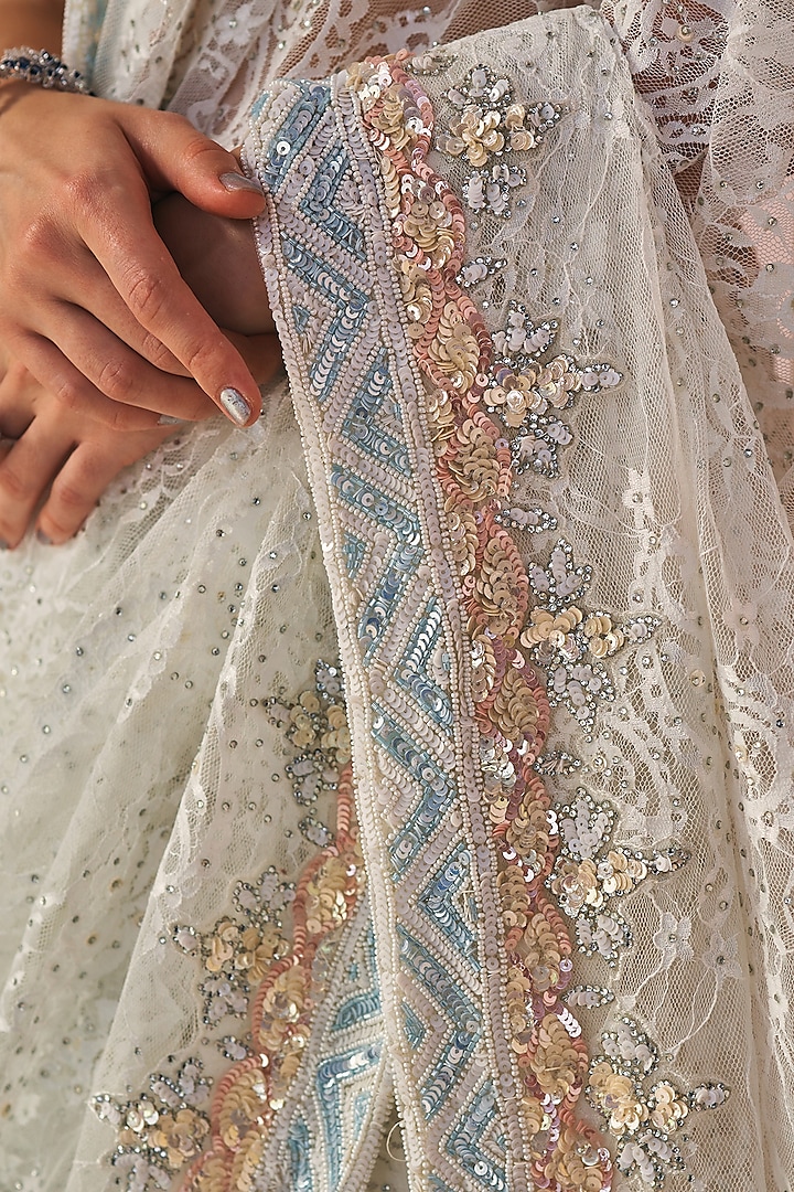 Ivory Chantilly Lace Sequins Embroidered Reception Saree Set by Angad Singh at Pernia's Pop Up Shop