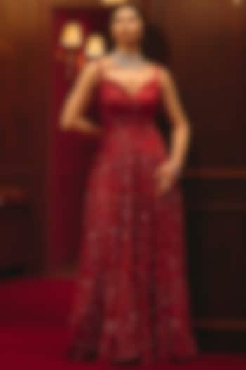 Red Soft Net Embroidered Wedding Gown by Angad Singh at Pernia's Pop Up Shop