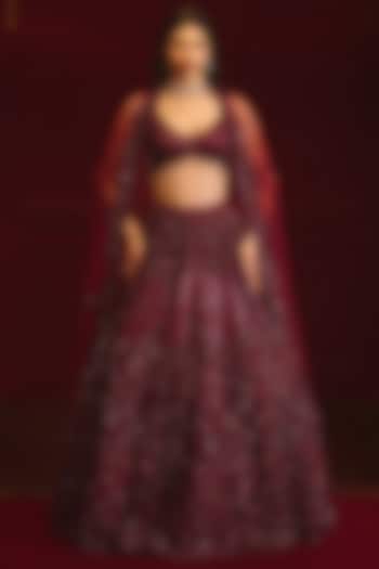 Crimson Net Embroidered Bridal Lehenga Set by Angad Singh at Pernia's Pop Up Shop