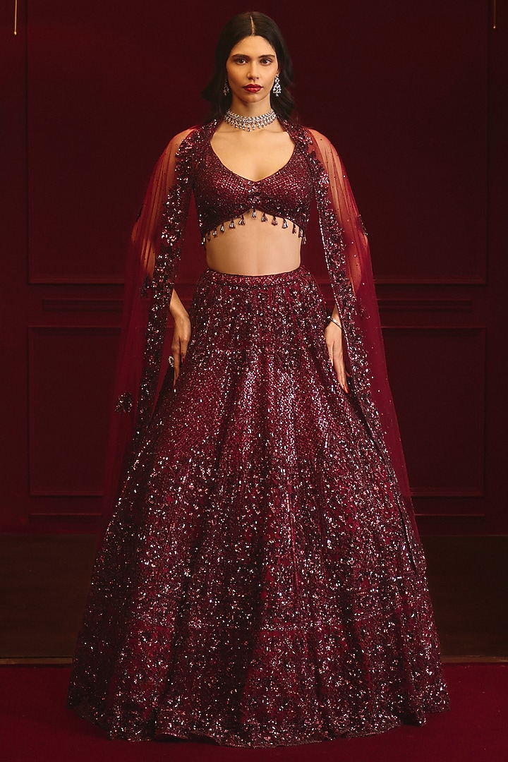 Crimson Net Embroidered Bridal Lehenga Set by Angad Singh at Pernia's Pop Up Shop