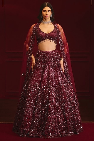 Crimson Net Embroidered Lehenga Set by Angad Singh