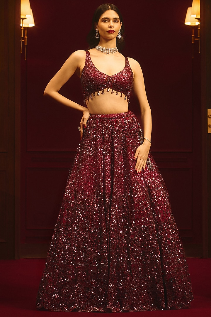 Crimson Net Embroidered Bridal Lehenga Set by Angad Singh at Pernia's Pop Up Shop