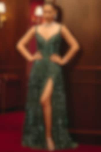 Bottle Green Net Wedding Gown by Angad Singh at Pernia's Pop Up Shop