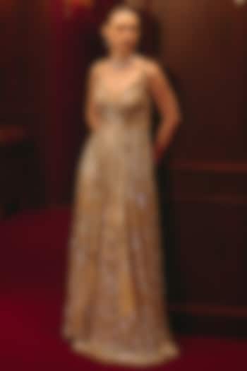 Antique Gold Net Embroidered Wedding Gown by Angad Singh at Pernia's Pop Up Shop