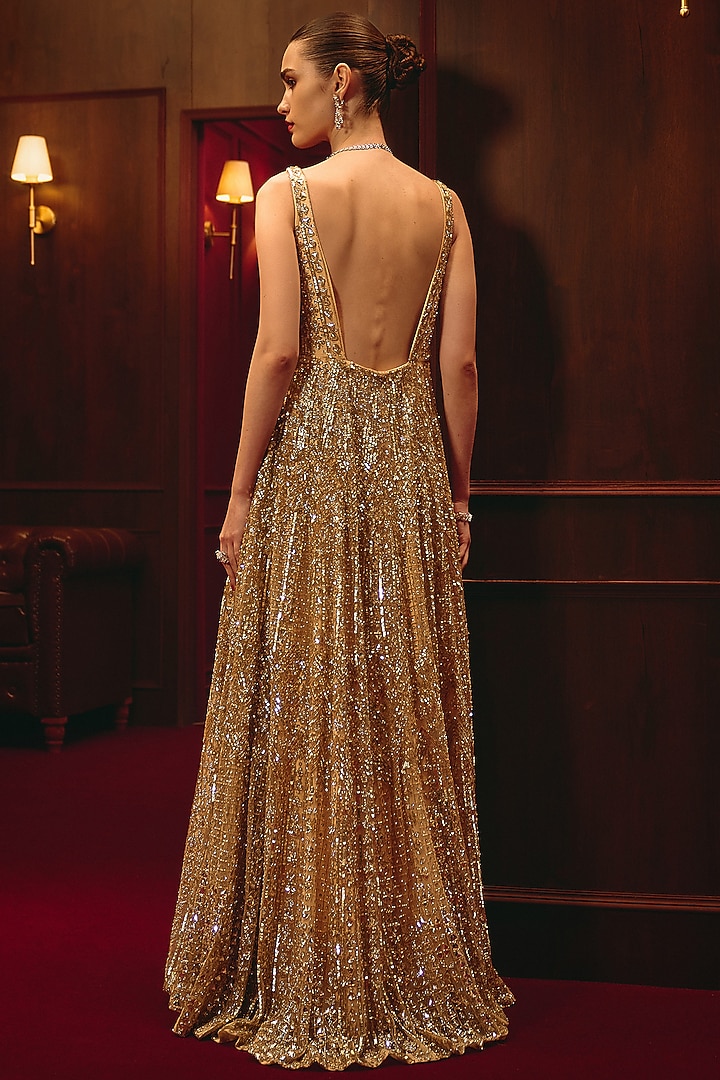 Antique Gold Net Embroidered Wedding Gown by Angad Singh at Pernia's Pop Up Shop