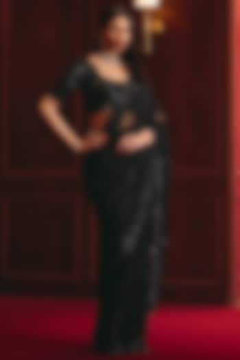 Black Chantilly Lace Embroidered Reception Saree Set by Angad Singh at Pernia's Pop Up Shop