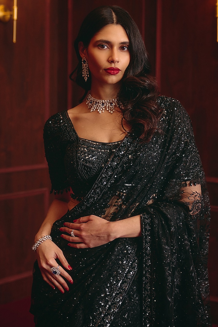 Black Chantilly Lace Embroidered Reception Saree Set by Angad Singh at Pernia's Pop Up Shop