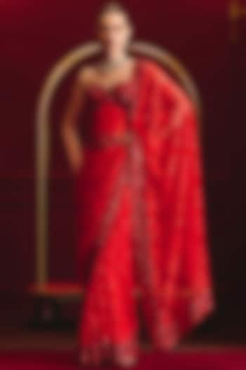 Red Chantilly Lace Embroidered Reception Saree Set by Angad Singh at Pernia's Pop Up Shop