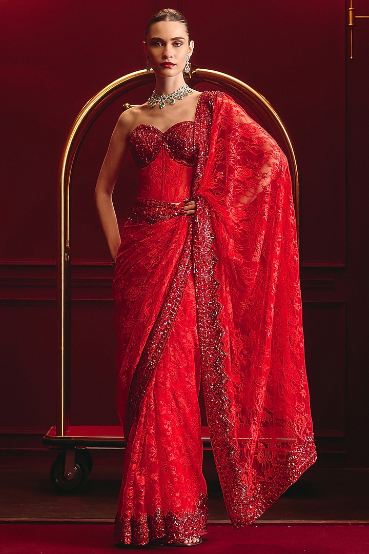 Red Chantilly Lace Embroidered Reception Saree Set by Angad Singh at Pernia's Pop Up Shop