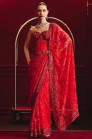 Red Chantilly Lace Embroidered Saree Set by Angad Singh