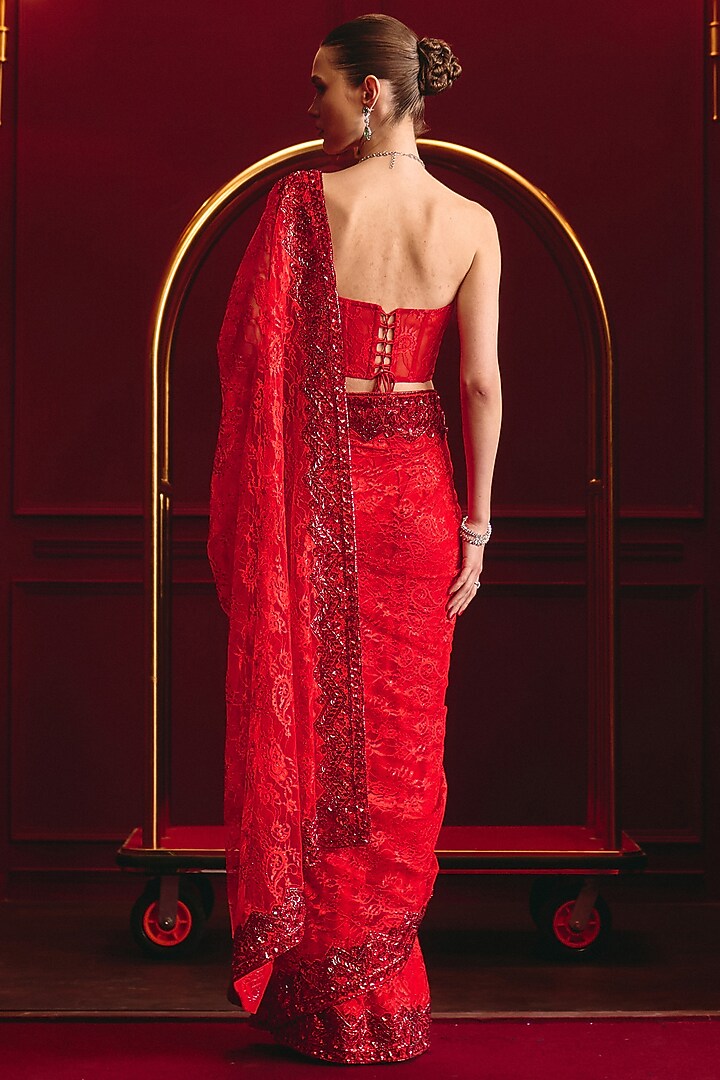 Red Chantilly Lace Embroidered Reception Saree Set by Angad Singh at Pernia's Pop Up Shop