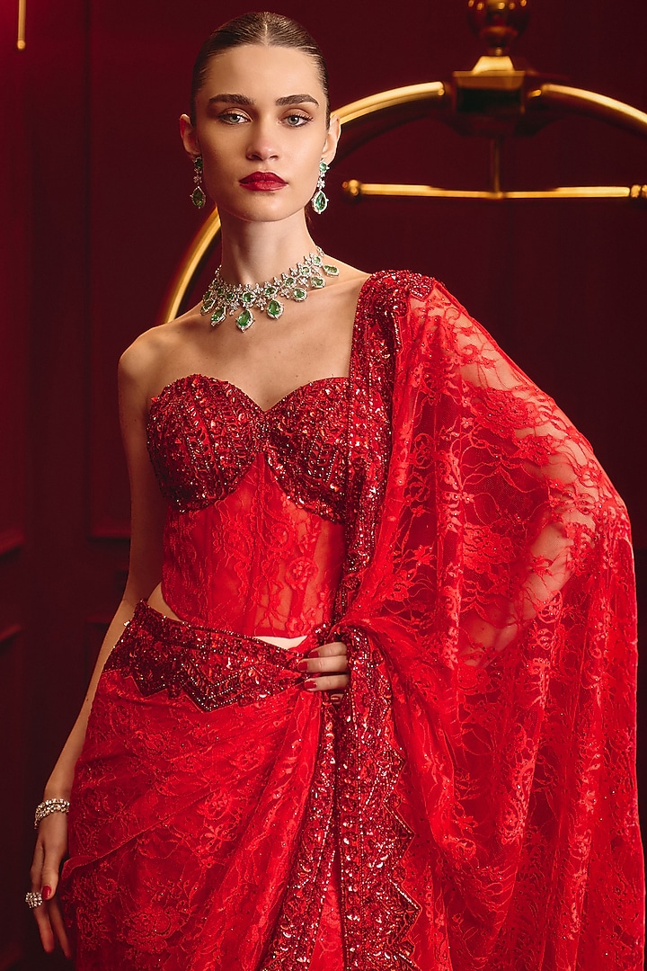 Red Chantilly Lace Embroidered Reception Saree Set by Angad Singh at Pernia's Pop Up Shop