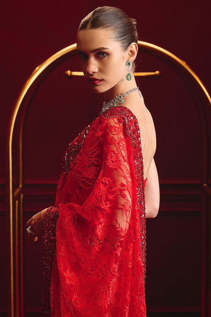 Red Chantilly Lace Embroidered Reception Saree Set by Angad Singh at Pernia's Pop Up Shop