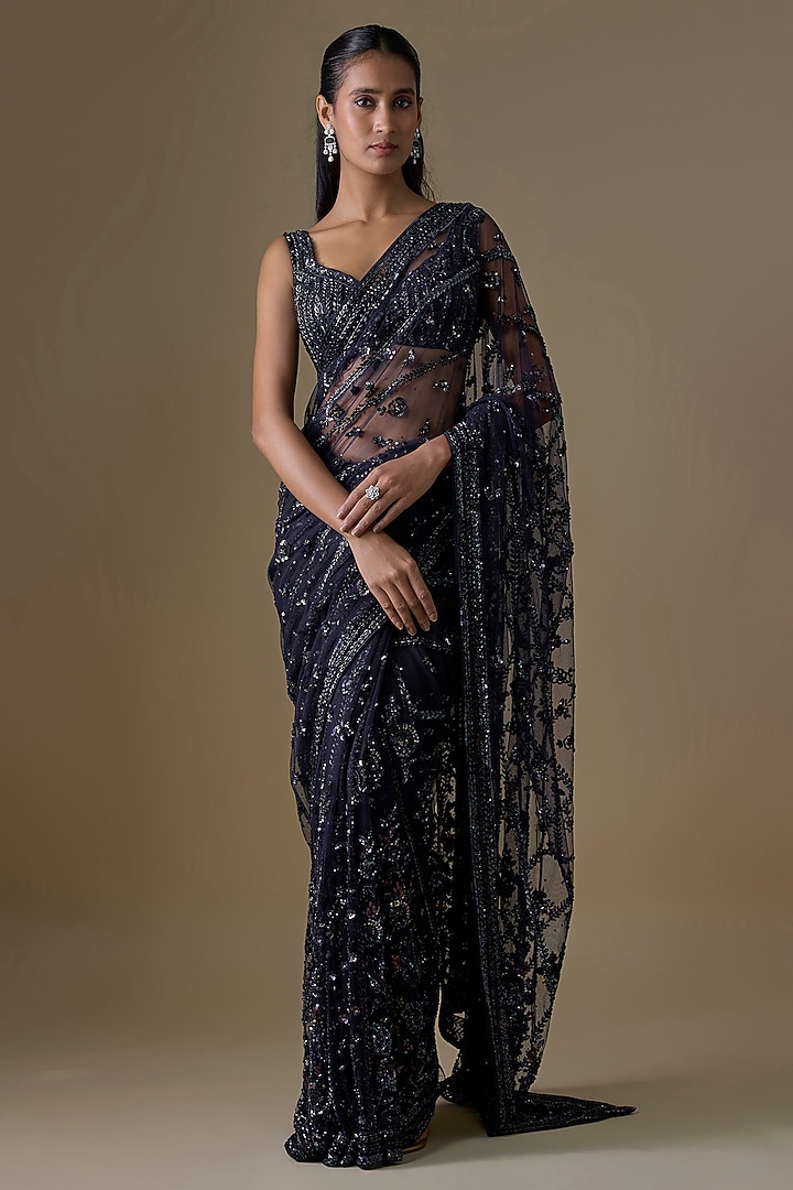 Midnight Blue Net Reception Saree Set by Angad Singh at Pernia's Pop Up Shop