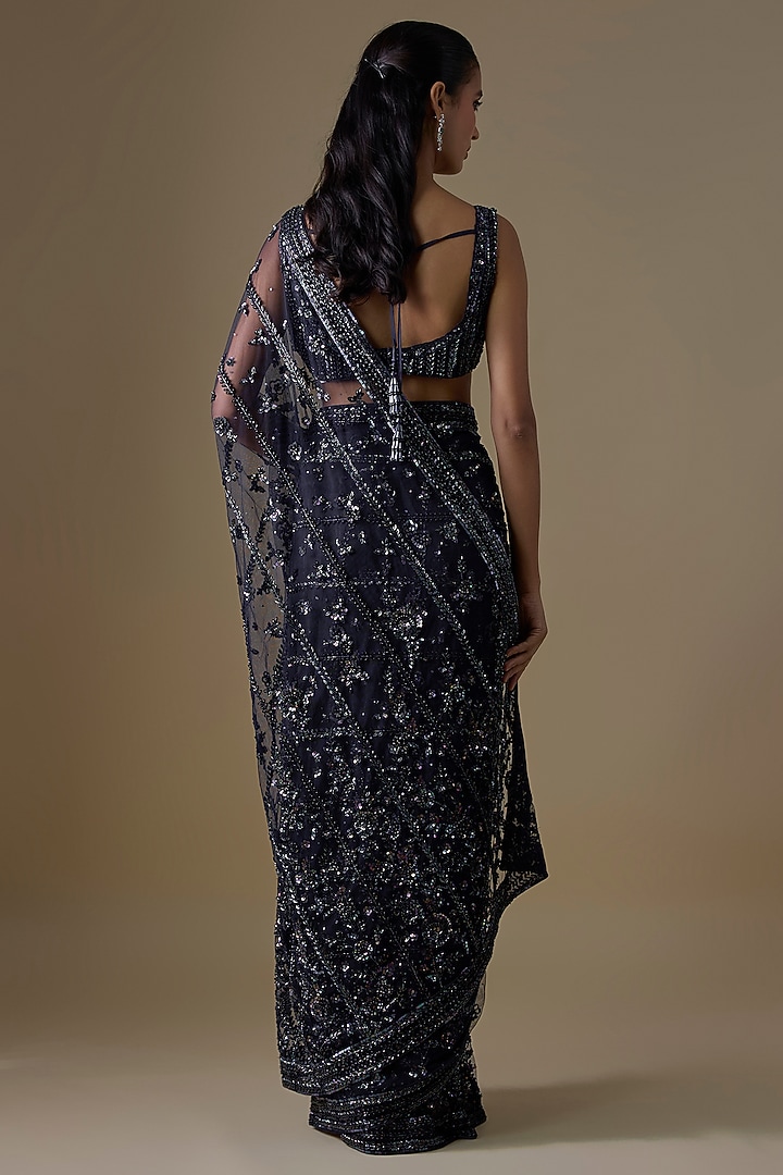 Midnight Blue Net Reception Saree Set by Angad Singh at Pernia's Pop Up Shop