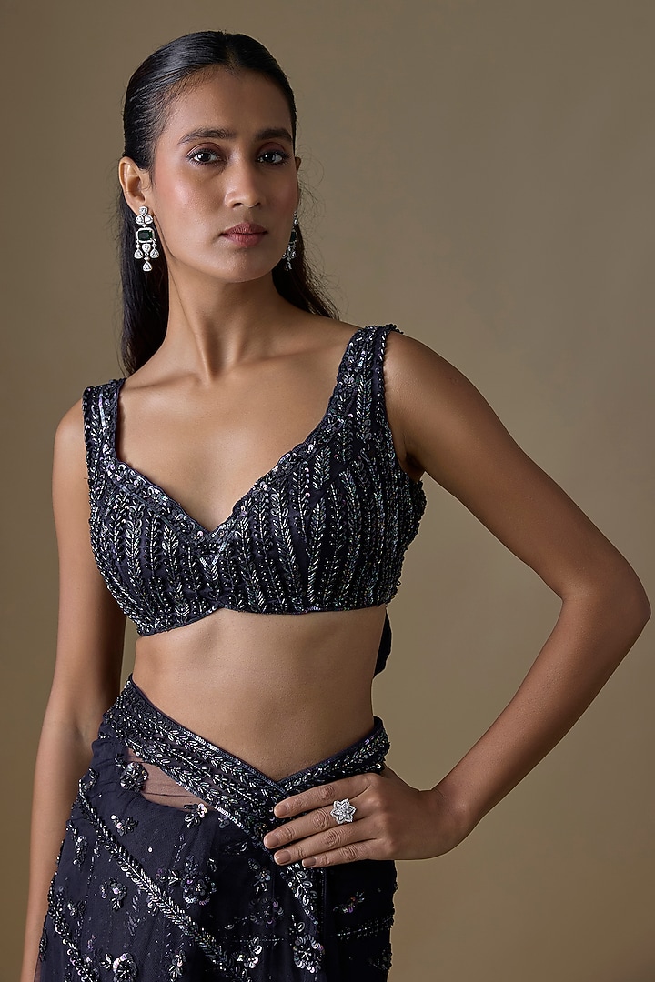 Midnight Blue Net Reception Saree Set by Angad Singh at Pernia's Pop Up Shop