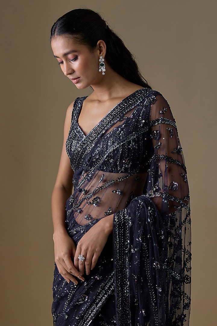 Midnight Blue Net Reception Saree Set by Angad Singh at Pernia's Pop Up Shop