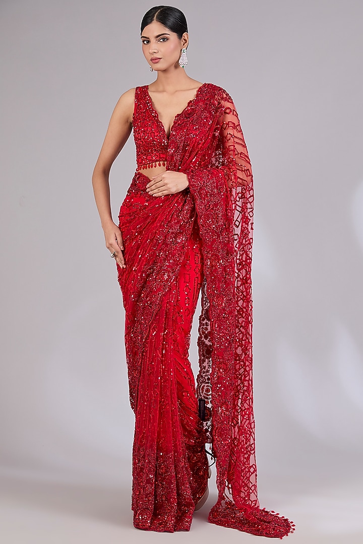Red Net Bridal Saree Set by Angad Singh at Pernia's Pop Up Shop
