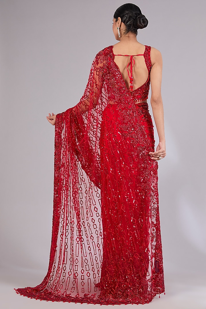 Red Net Bridal Saree Set by Angad Singh at Pernia's Pop Up Shop