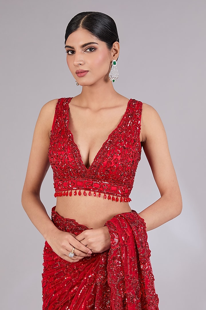 Red Net Bridal Saree Set by Angad Singh at Pernia's Pop Up Shop