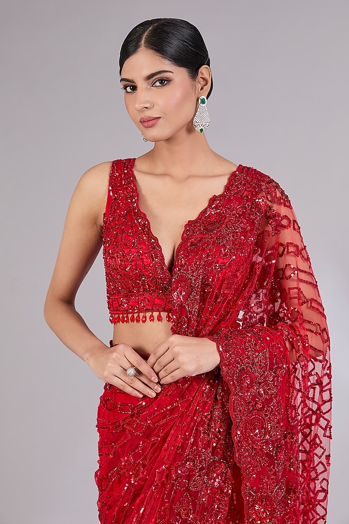 Red Net Bridal Saree Set by Angad Singh at Pernia's Pop Up Shop