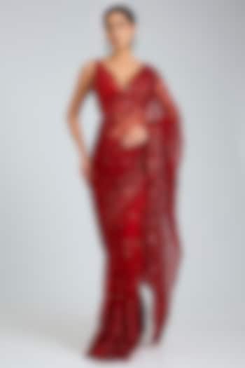 Red Net Embroidered Bridal Saree Set by Angad Singh at Pernia's Pop Up Shop