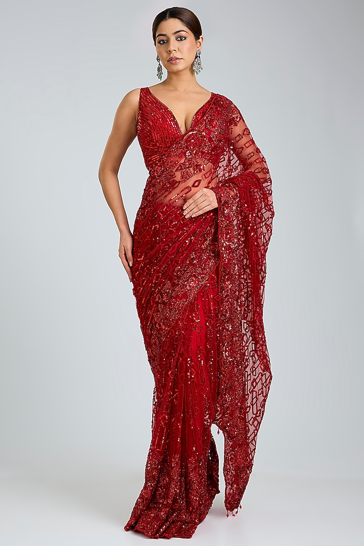 Red Net Embroidered Bridal Saree Set by Angad Singh at Pernia's Pop Up Shop