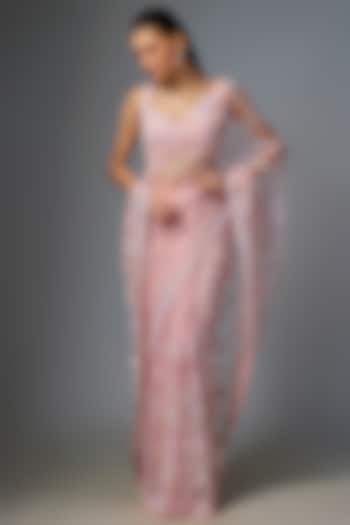 Pink Net Embroidered Reception Saree Set by Angad Singh at Pernia's Pop Up Shop