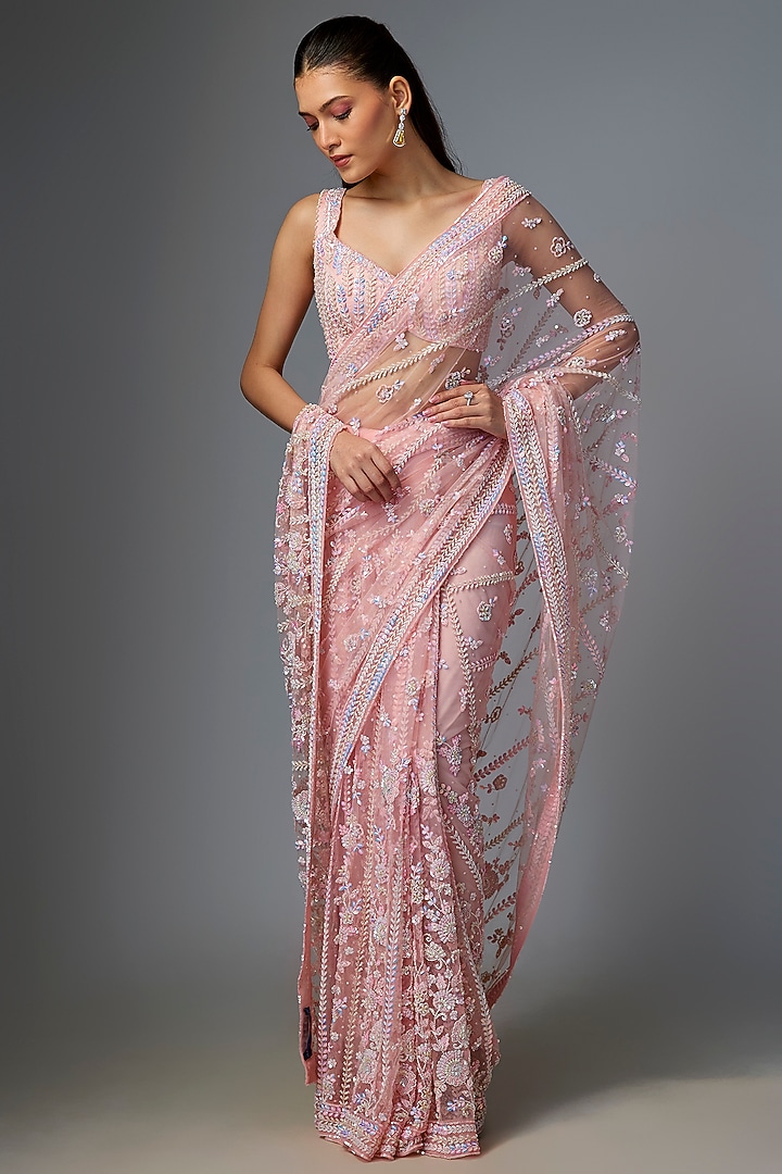 Pink Net Embroidered Reception Saree Set by Angad Singh at Pernia's Pop Up Shop