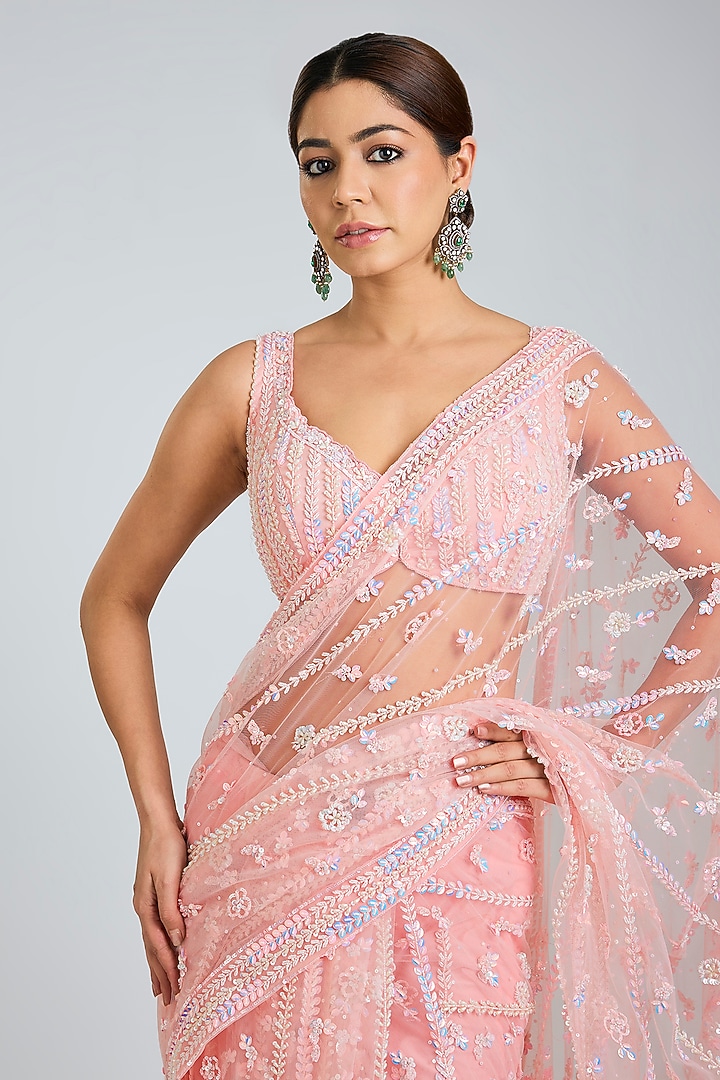 Pink Net Embroidered Reception Saree Set by Angad Singh at Pernia's Pop Up Shop