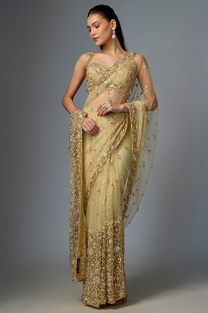 Gold Net Embroidered Reception Saree Set by Angad Singh at Pernia's Pop Up Shop