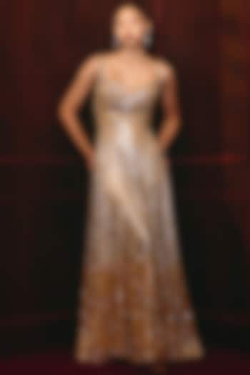 Silver & Gold Soft Net Embroidered Bridal Gown by Angad Singh at Pernia's Pop Up Shop