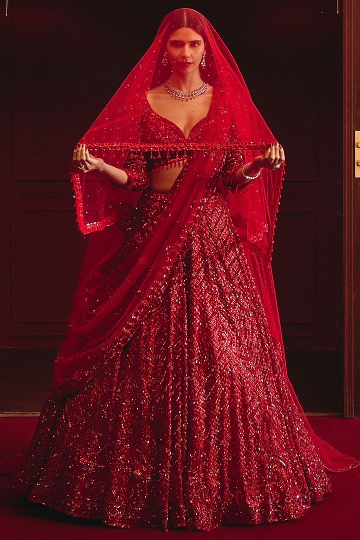 Deep Red Net Embroidered Bridal Lehenga Set by Angad Singh at Pernia's Pop Up Shop