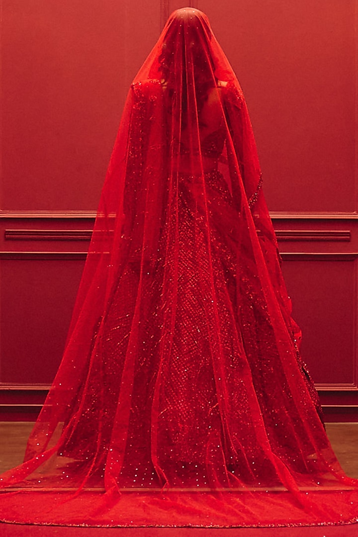 Deep Red Net Embroidered Bridal Lehenga Set by Angad Singh at Pernia's Pop Up Shop