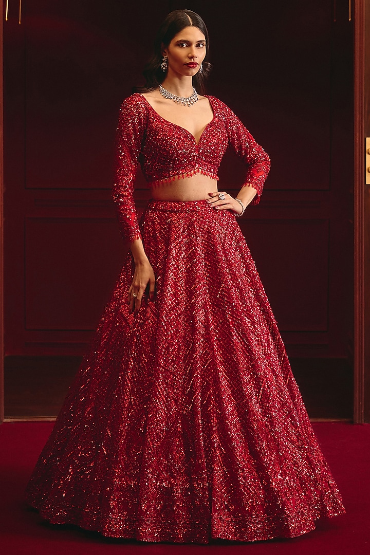 Deep Red Net Embroidered Bridal Lehenga Set by Angad Singh at Pernia's Pop Up Shop