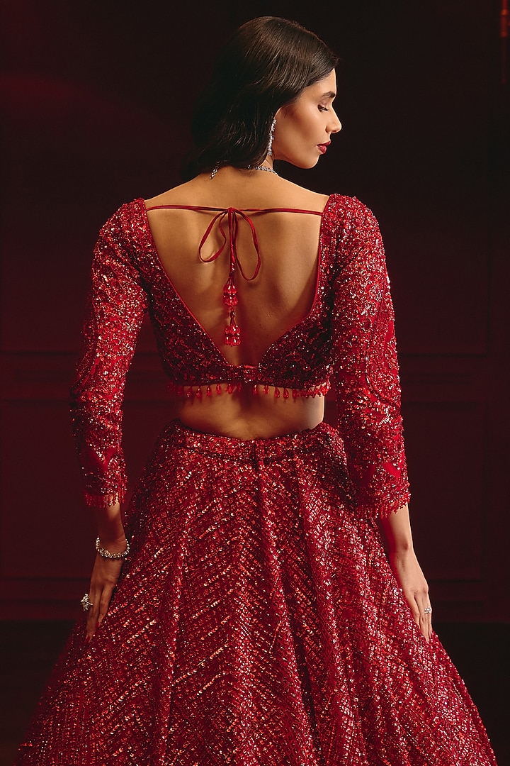 Deep Red Net Embroidered Bridal Lehenga Set by Angad Singh at Pernia's Pop Up Shop