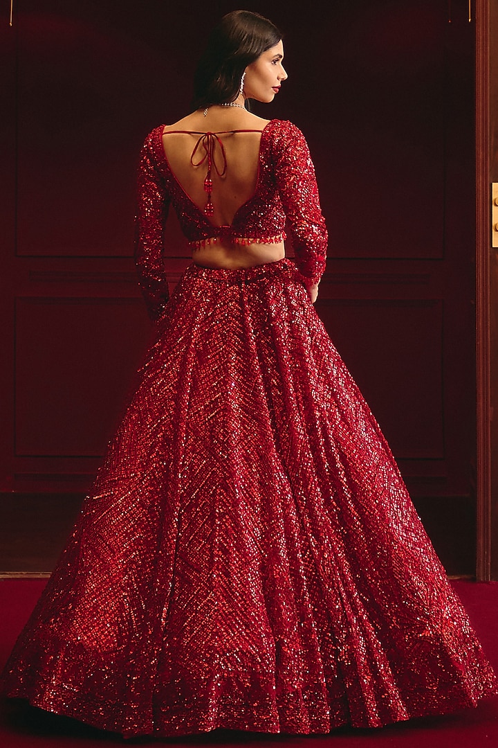 Deep Red Net Embroidered Bridal Lehenga Set by Angad Singh at Pernia's Pop Up Shop